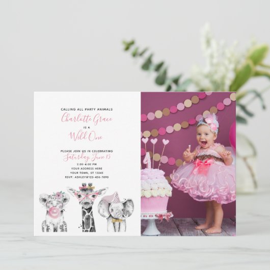 白黒ワイルドワンガール初の誕生日写真 招待状 (スタンド正面)