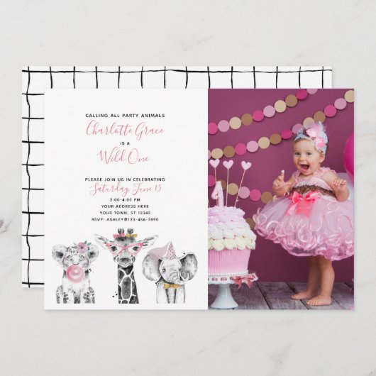 白黒ワイルドワンガール初の誕生日写真 招待状 (正面/裏面)