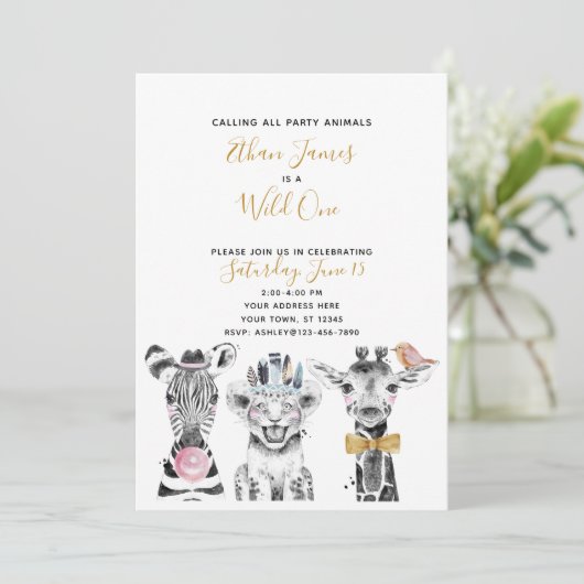 白黒ワイルドワンチャイルドファースト誕生日パーティー 招待状 (スタンド正面)