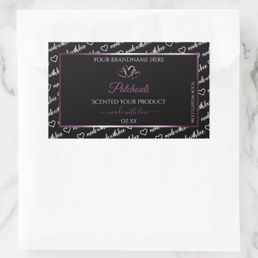 白黒ワードアート製品ラベル紫のハート 長方形シール (バッグ)