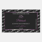 白黒ワードアート製品ラベル紫のハート 長方形シール (正面)