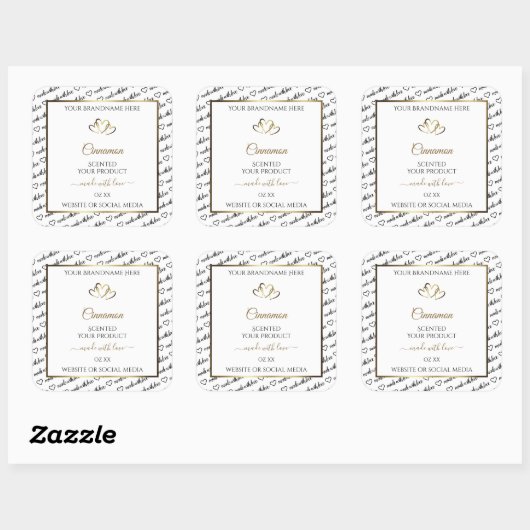 白黒ワードアート製品ラベル金ゴールドハート スクエアシール (シート)