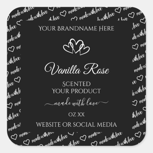 白黒ワードクラウド製品ラベルのハート スクエアシール (正面)