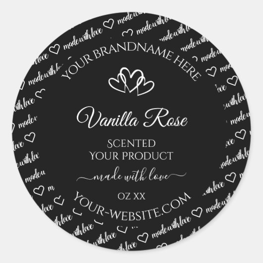 白黒ワードクラウド製品ラベルのハート ラウンドシール (正面)