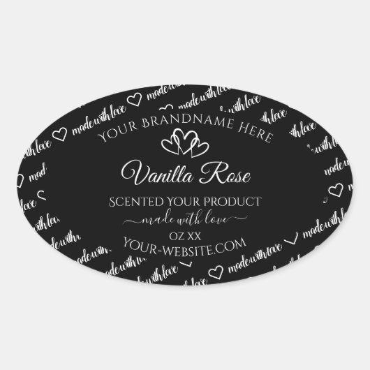 白黒ワードクラウド製品ラベルのハート 楕円形シール (正面)