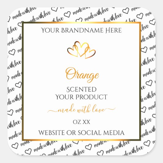 白黒ワードクラウド製品ラベルオレンジ色のハート スクエアシール (正面)
