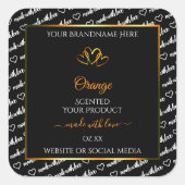 白黒ワードクラウド製品ラベルオレンジ色のハート スクエアシール (正面)