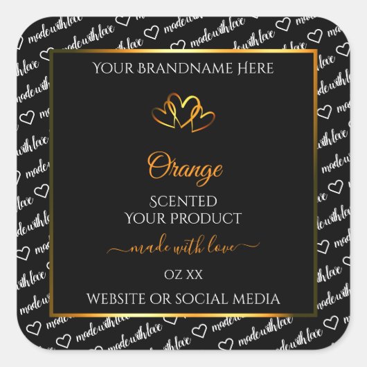 白黒ワードクラウド製品ラベルオレンジ色のハート スクエアシール (正面)