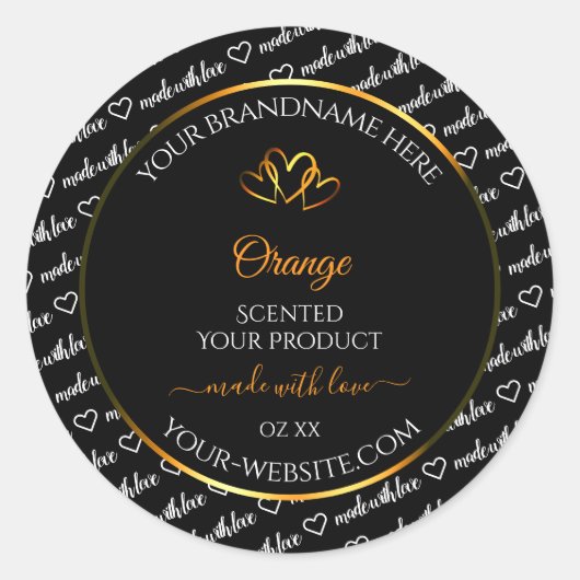 白黒ワードクラウド製品ラベルオレンジ色のハート ラウンドシール (正面)