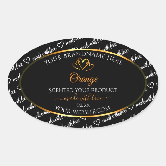 白黒ワードクラウド製品ラベルオレンジ色のハート 楕円形シール (正面)