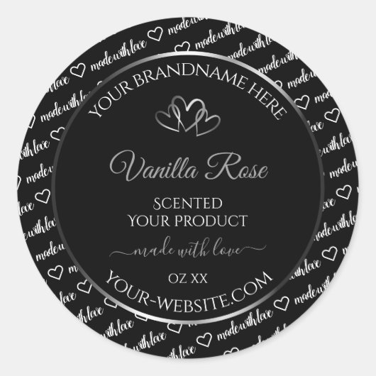 白黒ワードクラウド製品ラベルシルバーハート ラウンドシール (正面)