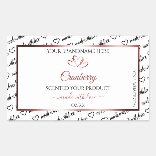 白黒ワードクラウド製品ラベル赤いハート 長方形シール (正面)