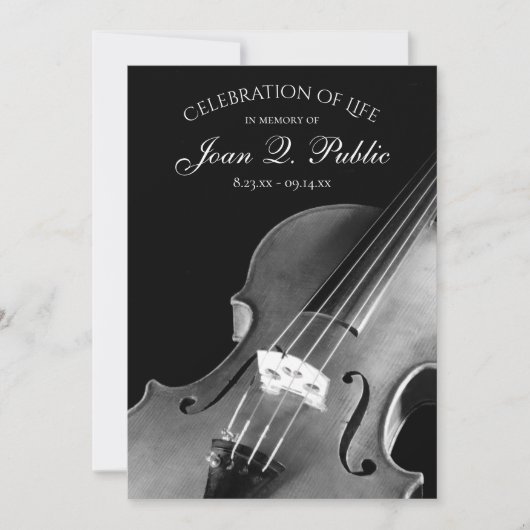 白黒ヴァイオリンミュージシャンお祝いオブ・ライフ 招待状 (正面)