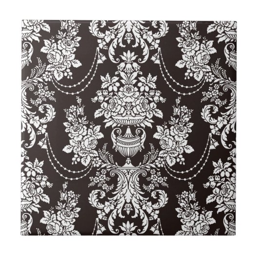 白黒ヴィンテージのダマスク織パターンはカスタマイズ タイル (正面)