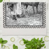 白黒ヴィンテージイラストレーションライディングフードウルフ キッチンタオル (折り畳み)