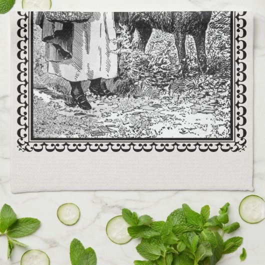 白黒ヴィンテージイラストレーションライディングフードウルフ キッチンタオル (折り畳み)