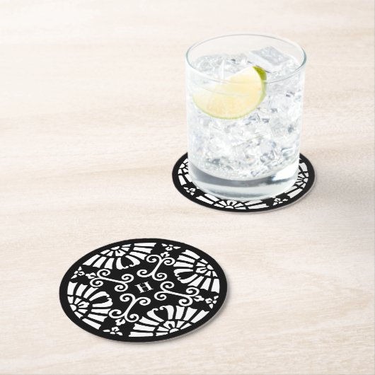 白黒ヴィンテージウェディングモノグラム ラウンドペーパーコースター (インサイチュ)