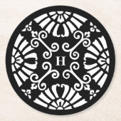 白黒ヴィンテージウェディングモノグラム ラウンドペーパーコースター (正面)