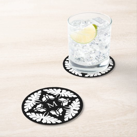 白黒ヴィンテージウェディングモノグラム ラウンドペーパーコースター (インサイチュ)