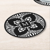 白黒ヴィンテージウェディングモノグラム ラウンドペーパーコースター (アングル)