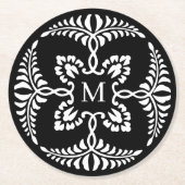 白黒ヴィンテージウェディングモノグラム ラウンドペーパーコースター (正面)