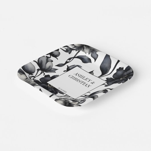 白黒ヴィンテージエレガントな結婚式テンプレート ペーパープレート (傾斜あり)