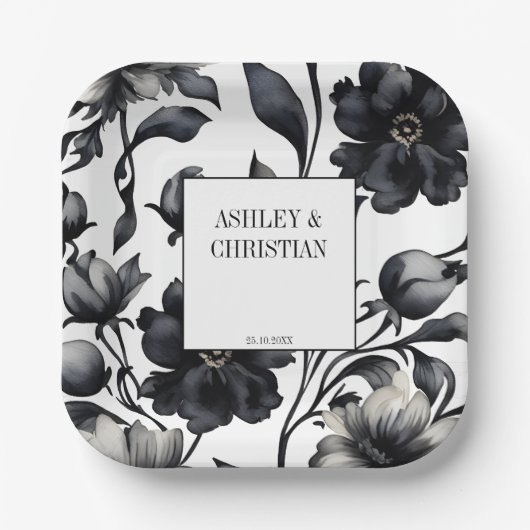 白黒ヴィンテージエレガントな結婚式テンプレート ペーパープレート (正面)
