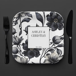 白黒ヴィンテージエレガントな結婚式テンプレート ペーパープレート