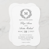 白黒ヴィンテージクレストモノグラム結婚ズ 招待状 (正面/裏面)