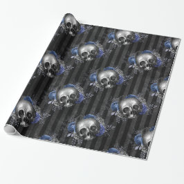 白黒ヴィンテージグランジフローラスカル ラッピングペーパー