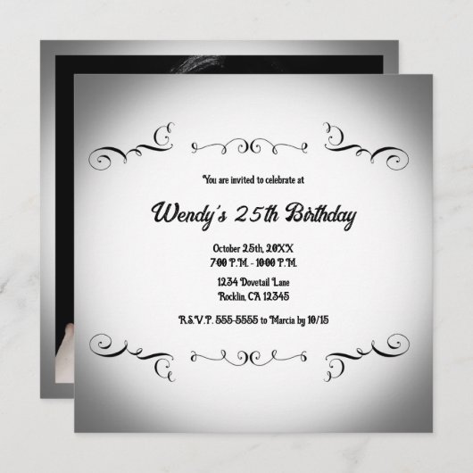 白黒ヴィンテージゴシック誕生日写真 招待状 (正面/裏面)