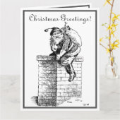 白黒ヴィンテージサンタクロースが煙突を下る カード (黄色い花)