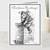白黒ヴィンテージサンタクロースが煙突を下る カード (正面)