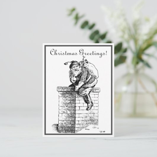 白黒ヴィンテージサンタクロースが煙突を下る シーズンポストカード (スタンド正面)