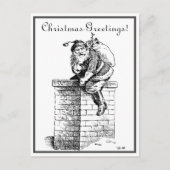 白黒ヴィンテージサンタクロースが煙突を下る シーズンポストカード (正面)