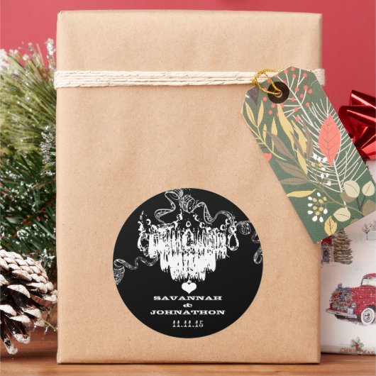 白黒ヴィンテージシャンデリア結婚ズ ラウンドシール (クリスマス)