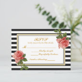 白黒ヴィンテージストライプピンクローズRSVP 出欠カード (スタンド正面)
