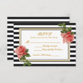 白黒ヴィンテージストライプピンクローズRSVP 出欠カード (正面/裏面)