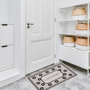 白黒ヴィンテージタイルデザイン洗濯室 ドアマット