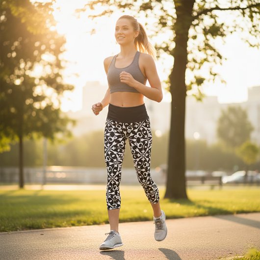 白黒ヴィンテージダマスクエレガントパターン カプリレギンス