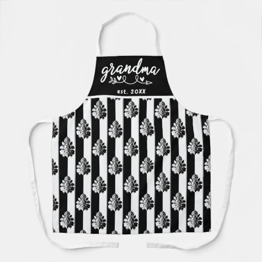 白黒ヴィンテージダマスクストライプおばあちゃんエスト エプロン (正面)