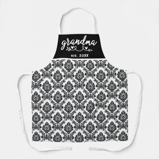 白黒ヴィンテージダマスクパターンおばあちゃんエスト エプロン (正面)