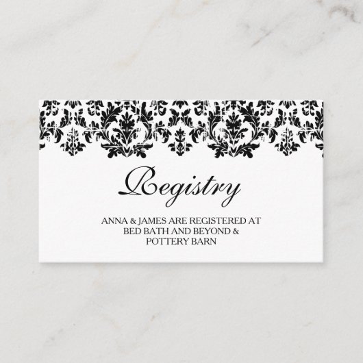 白黒ヴィンテージダマスコウェディングレジストリカード エンクロージャーカード (正面)