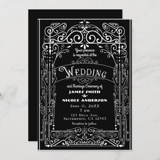 白黒ヴィンテージビクトリアンデコ結婚ズ 招待状 (正面/裏面)