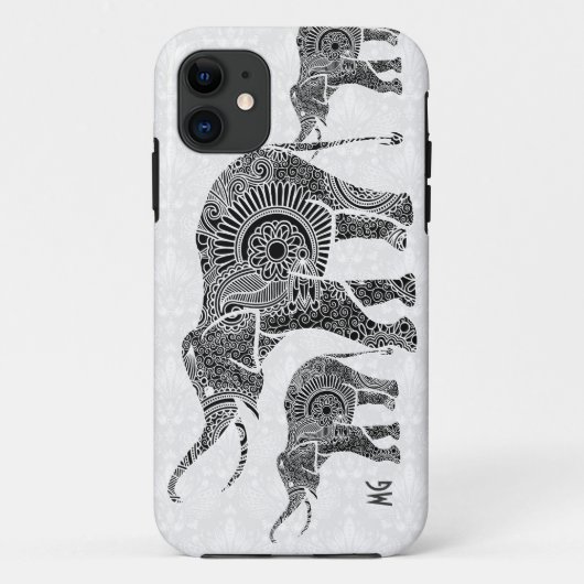 白黒ヴィンテージフローラゾウ – モノグラム Case-Mate iPhoneケース (裏面)