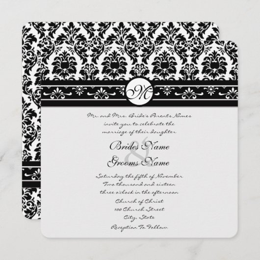 白黒ヴィンテージフローラダマスクウェディング 招待状 (正面/裏面)