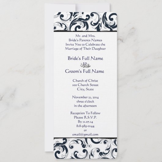 白黒ヴィンテージフローラダマスクウェディング 招待状 (正面)