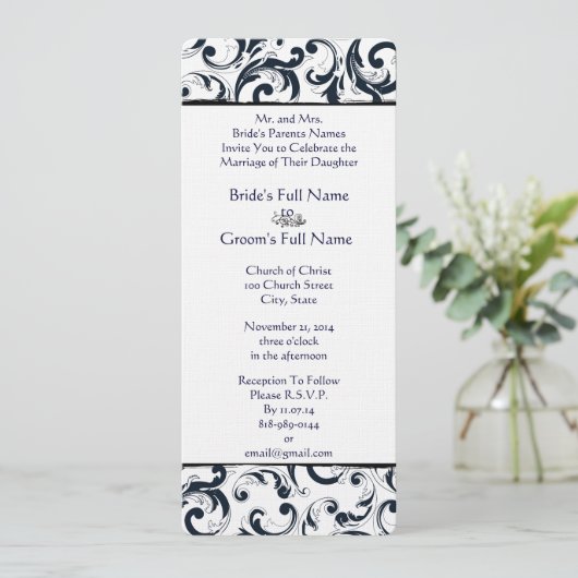 白黒ヴィンテージフローラダマスクウェディング 招待状 (スタンド正面)
