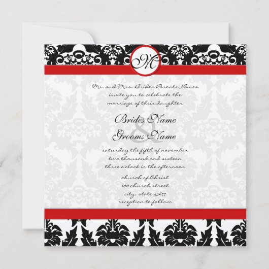 白黒ヴィンテージフローラダマスクウェディング 招待状 (正面)