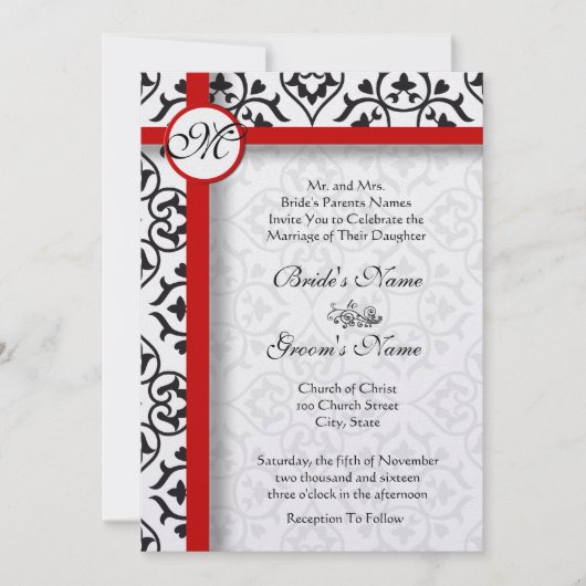 白黒ヴィンテージフローラダマスクウェディング 招待状 (正面)